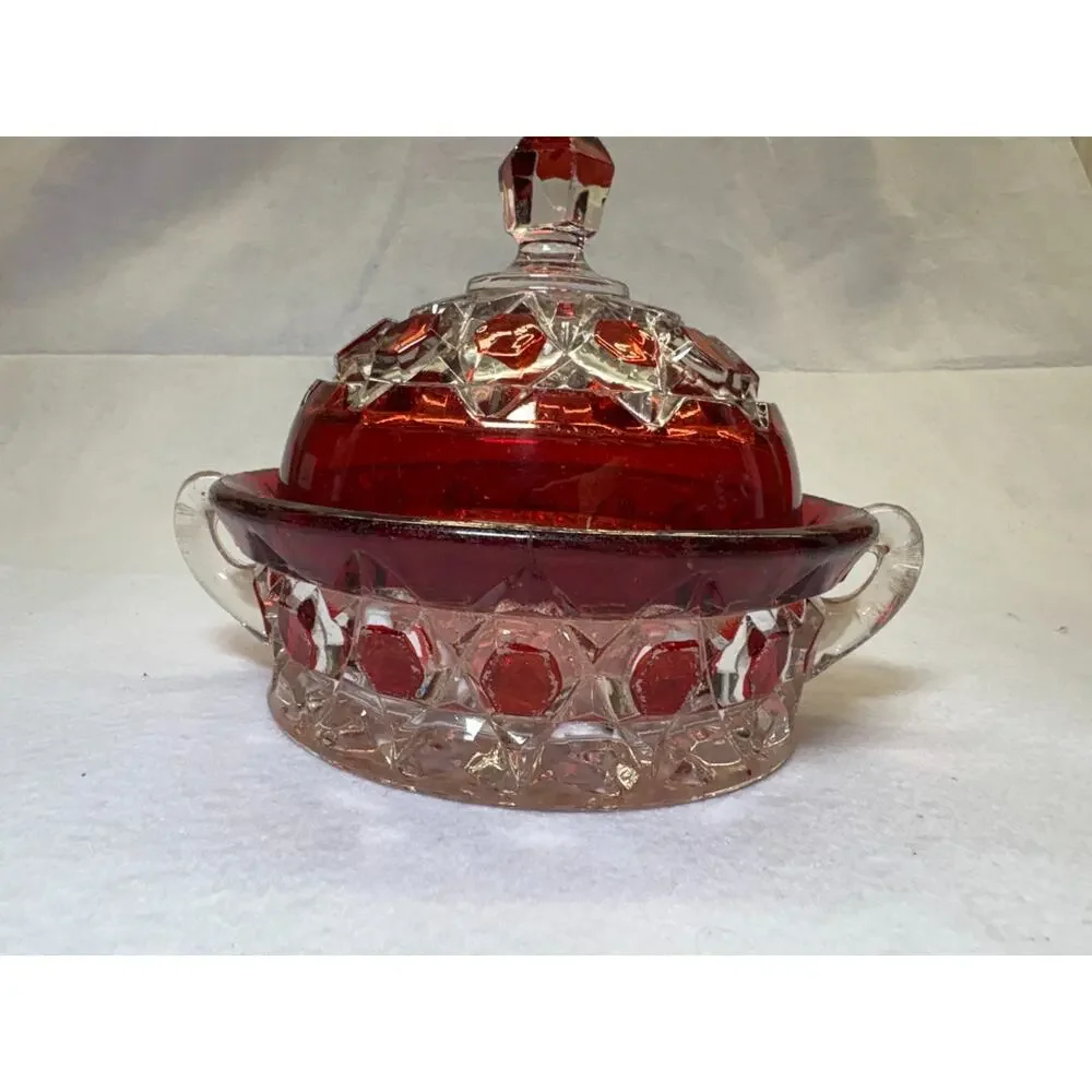 Ruby Stained Pressed Glass Covered Dish Vintage Two Handle Geometric Pattern